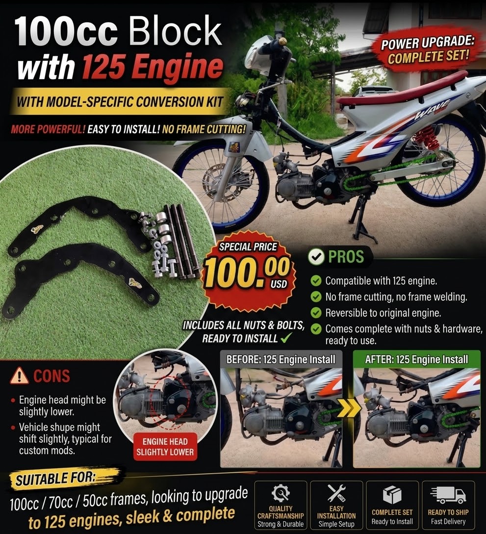 Complete 125cc Engine Conversion Bracket Kit for 100cc / 70cc / 50cc Frames - No Welding Required